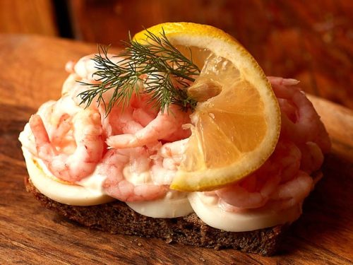 Smorrebrod The Royal Queen Shrimps "Hand peeled Royal Shrimps with rye bread, egg, mayo, dill & lemon