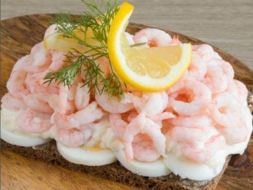 Smorrebrod The Royal King Shrimps "Hand peeled Royal Shrimps with rye bread, egg, mayonnaise, dill & lemon"