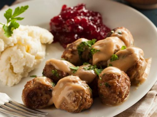 Smorrebrod Swedish Meatballs with Mash Potatoes, creamy brown sauce & Lingonberry